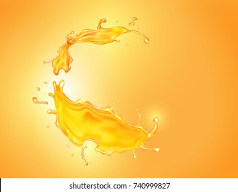 Orange Juice Splash Background. Beer Or Honey Realistic Vector Illustration