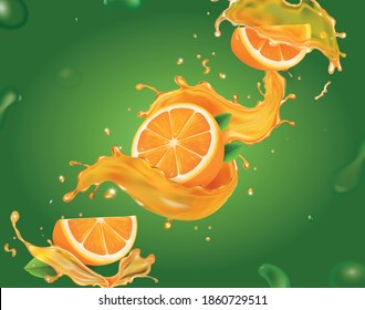 Orange juice splash and drops on green background. Fresh fruit juicy spiral 3d realistic vector.