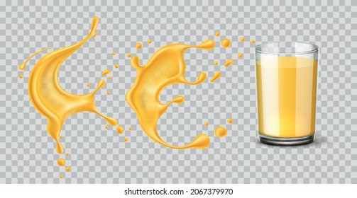 Orange juice splash with drops. Realistic yellow