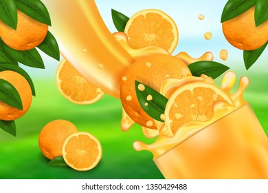 Orange juice and splash. Flow of liquid with drops and sweet fruit 3d realistic vector illustration, package design or poster, advertising.