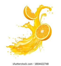 Orange juice splash with fresh oranges. Vector illustration. 