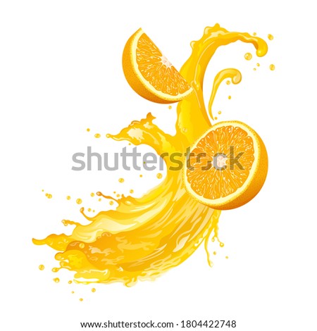 Orange juice splash with fresh oranges. Vector illustration. 