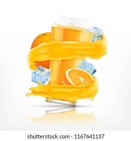 Orange juice splash with glass and ice cubes. Vector icon. EPS10