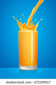 Orange Juice Splash In Glass, With Pour, Vector Illustration On Blue Background. Drawn Using Gradient Mesh Tool.