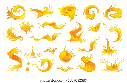 Orange juice splash, mango splashes. Orange soda spill, juice splash, dripping water. Vector illustration set. Fresh pineapple juice logo. Papaya splash river. Realistic orange splashes spray on white