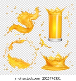 Orange juice splash, mango splashes. Orange paint, mango, pineapple drink, transparent glass Yellow beverage logo. Papaya splash river. Realistic vector set isolated