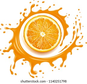 Orange juice splash with many drops