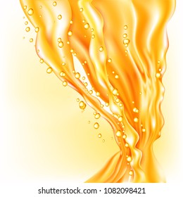 Zumo de naranja salpicado. Flujo realista de líquido con gotas. Ilustración vectorial.