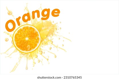 Orange juice splash with orange slice on white banner background.