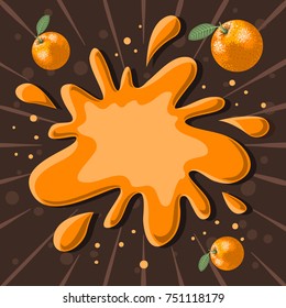 Orange Juice Splash Of Spilling Liquid With Flying Oranges. Vector Graphic.