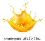 Orange juice splash with spray and drops of fruity sweet drinking water. Realistic orange liquid bubbles, isolated on white background. Vector illustration.