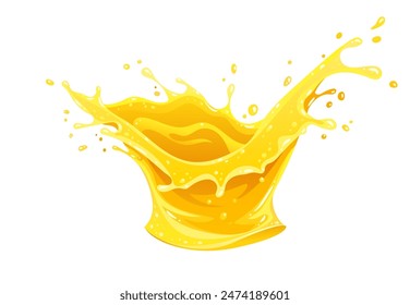 Orange juice splash spray and drops of fruity sweet drinking water. Liquid with bubbles isolated on white background. Vector illustration.