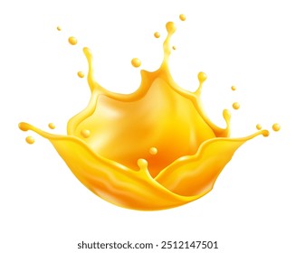 O suco de laranja salpira com spray e gotas de água doce frutada. Bolhas líquidas laranja realistas, isoladas sobre fundo branco. Ilustração vetorial.