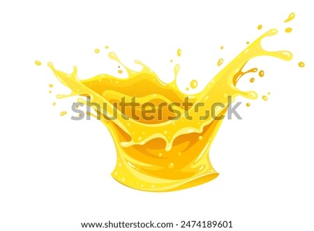 Orange juice splash spray and drops of fruity sweet drinking water. Liquid with bubbles isolated on white background. Vector illustration.