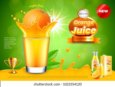 Orange in juice splashes ads. 3d illustration and packaging