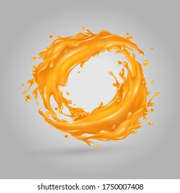 Orange juice splashes circle on a gray background