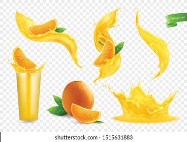 Orange juice splashes collection with isolated images of liquid flows drops whole fruit slices and glass vector illustration