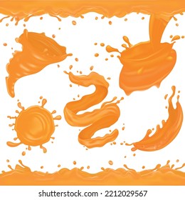 Orange juice splashes of different shapes realistic set against white background vector illustration