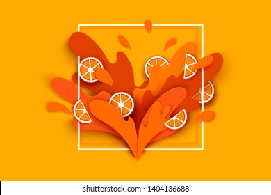 orange juice splashes and drops in a paper cut style. orange slices and paper slices. soft shadows and rich bright colors. stock vector illustration.