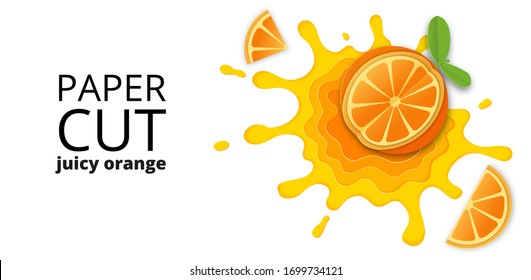 Orange juice splashes and drops in a paper cut style. Orange slices and paper slices. Isolated on white background vector illustration. Vector paper cut poster, banner, design template. Origami art.