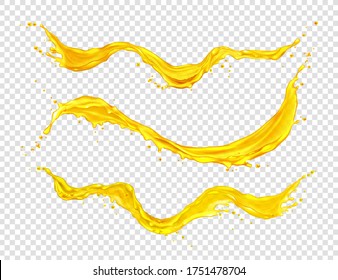 Orange juice splashes, horizontal streams liquid yellow drink with drops. Tropical fruit beverage, elements for advertising or package design. Fresh splashing and flowing jets, realistic 3d vector set