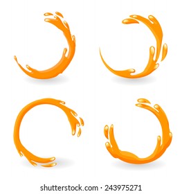 Orange juice splashes set, isolated on white background, vector illustration