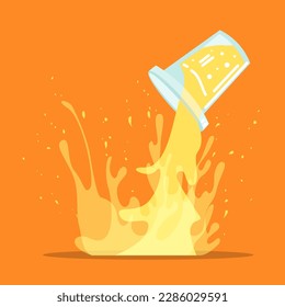 Orange juice splashes vector illustration. Spilling soda drink from glass on orange background. Advertisement, beverage, food, lunch concept