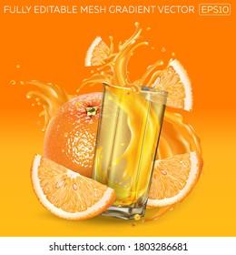 Orange juice splashing in a glass and oranges around it.