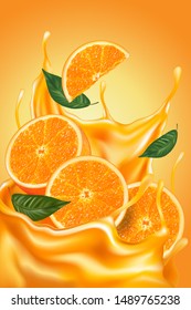 Orange juice splashing with orange slice of pieces on solid color background. Realistic in 3D vector illustration.