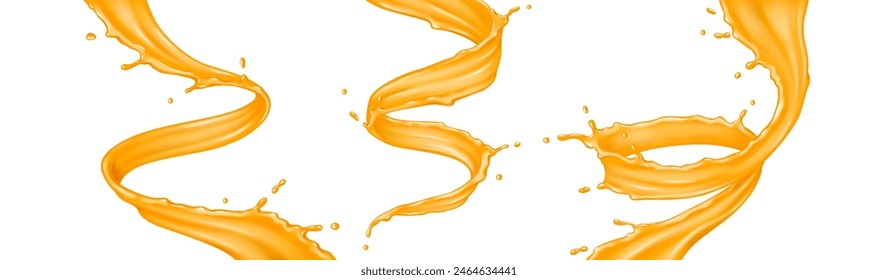 Orange juice splashing swirls realistic vector illustration set. Moving flows of refreshing fruit drink motion 3d objects on white background