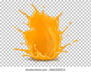 Orange juice splattering spot realistic vector illustration. Organic beverage. Healthy drink splash 3d object on transparent background