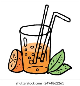 Orange juice sticker. Glass with fruit martini alcohol cocktail. Tropical cartoon bar beverage drink. Fresh citrus summer juice with straw