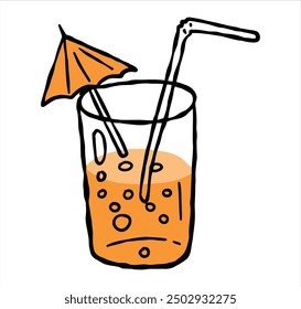 Orange juice sticker. Glass with fruit martini alcohol cocktail. Fresh citrus summer juice with straw. Tropical cartoon bar beverage drink