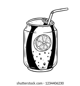 orange juice with straw in the can using hand drawn or doodle style