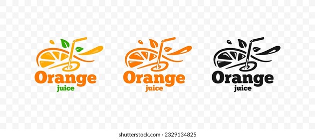 Orange juice with straws and half an orange fruit with slices logo design. Fresh smoothie drink with swirl and leaves vector design