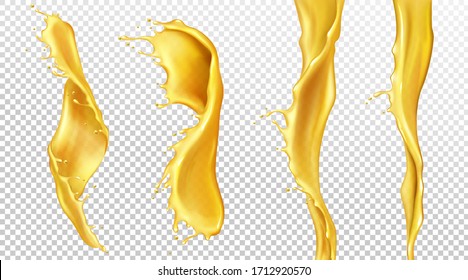 Orange juice streams with drops, liquid splashes of yellow drink set. Tropical fruit beverage, elements for advertising or package design. Fresh splashing and flowing jets realistic 3d vector clip art