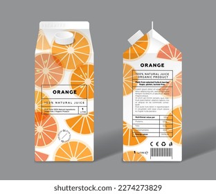 Orange juice. Template packaging design. Slices and halves of transparent fruits.