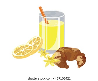 Orange juice and vanilla croissant Vector isolated on white background