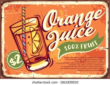 Ilustración de la publicidad del vector del jugo de naranja. Banner retro con vaso de zumo y rebanada de naranja.