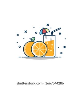 Orange and orange juice vector illustration. Healthy drink. Beach. Icon. For sticker, web line page, logo, and other.