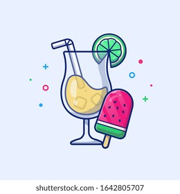 Orange Juice With Water Melon Ice Vector Icon Illustration. Summer Food And Drink. Holiday Icon Concept White Isolated. Flat Cartoon Style Suitable for Web Landing Page, Banner, Flyer, Sticker, Card