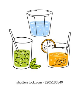 Orange juice, water and mojito. Glass of fresh drink. Thirst quenching and summer cocktail. Trendy outline cartoon