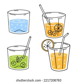 Orange juice, water and mojito. Glass of fresh drink. Thirst quenching and summer cocktail. Trendy outline cartoon