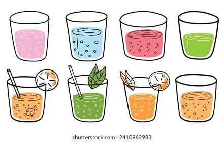 Orange juice, water and mojito. Glass of fresh drink. Thirst quenching and summer cocktail. Trendy outline cartoon