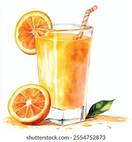 Orange juice watercolor clipart illustration