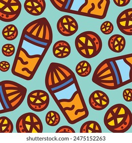 Orange juicer and fruits pattern icon illustration isolated on square blue background. Simple flat healthy fresh summer food cartoon styled drawing.