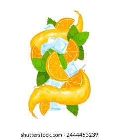 Orange juicy drink splash with flat style juice wave, ice cubes, lime and mint leaves. Vector illustration