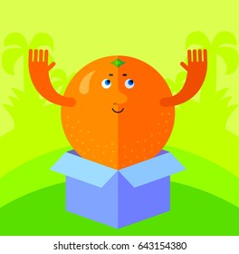 Orange jumping from delivery box. Flat style vector illustration. Funny cartoon character for agriculture or food design, tropical citrus fruit