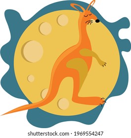Orange kangaroo on the background of the yellow moon