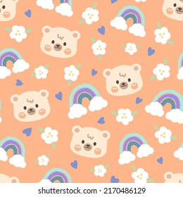 orange kawaii brown teddy bear face with rainbows, flowers and hearts on a pastel color background, cute wild animals beautiful girly seamless pattern print